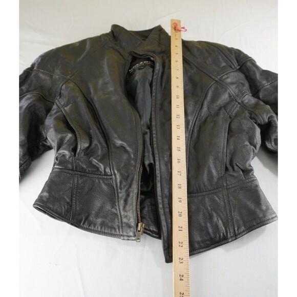 VTG WILSONS 3M THINSULATE Lined Women Small Glossy Black Leather Zip Moto Jacket - Picture 7 of 8